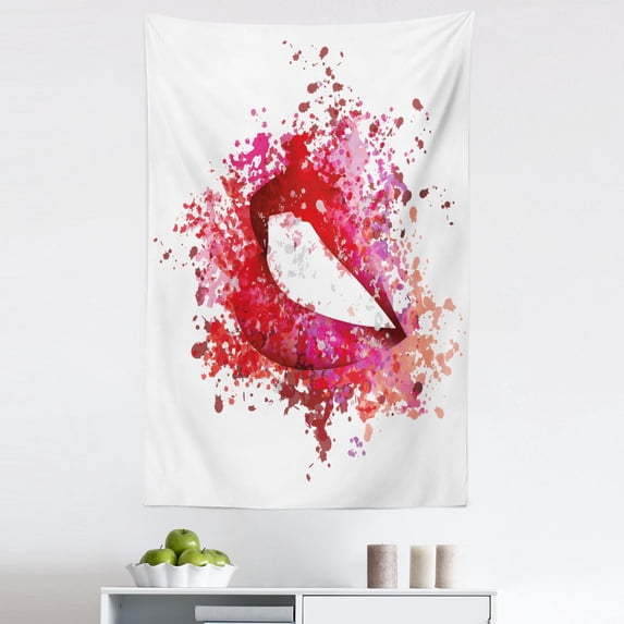 Modern Tapestry, Woman Lips Smiling with Watercolored Paintbrush Color Splash Effects Image, Fabric Wall Hanging Decor for Bedroom Living Room Dorm, 5 Sizes, Fuchsia and Red, by Ambesonne