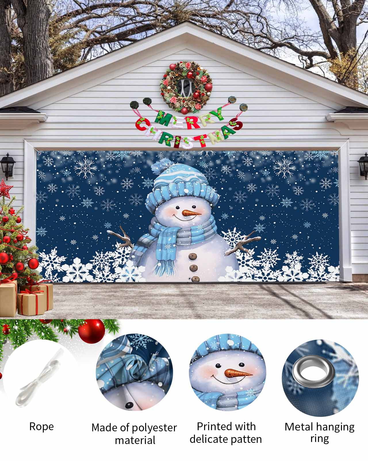 Garage Door Banner Cover 7 x 8 ft, Blue Christmas Snowman with Cap Xmas Tree Snowflake Christmas Garage Door Decorations Holiday Christmas Backdrop Decor for Winter New Year Xmas Party