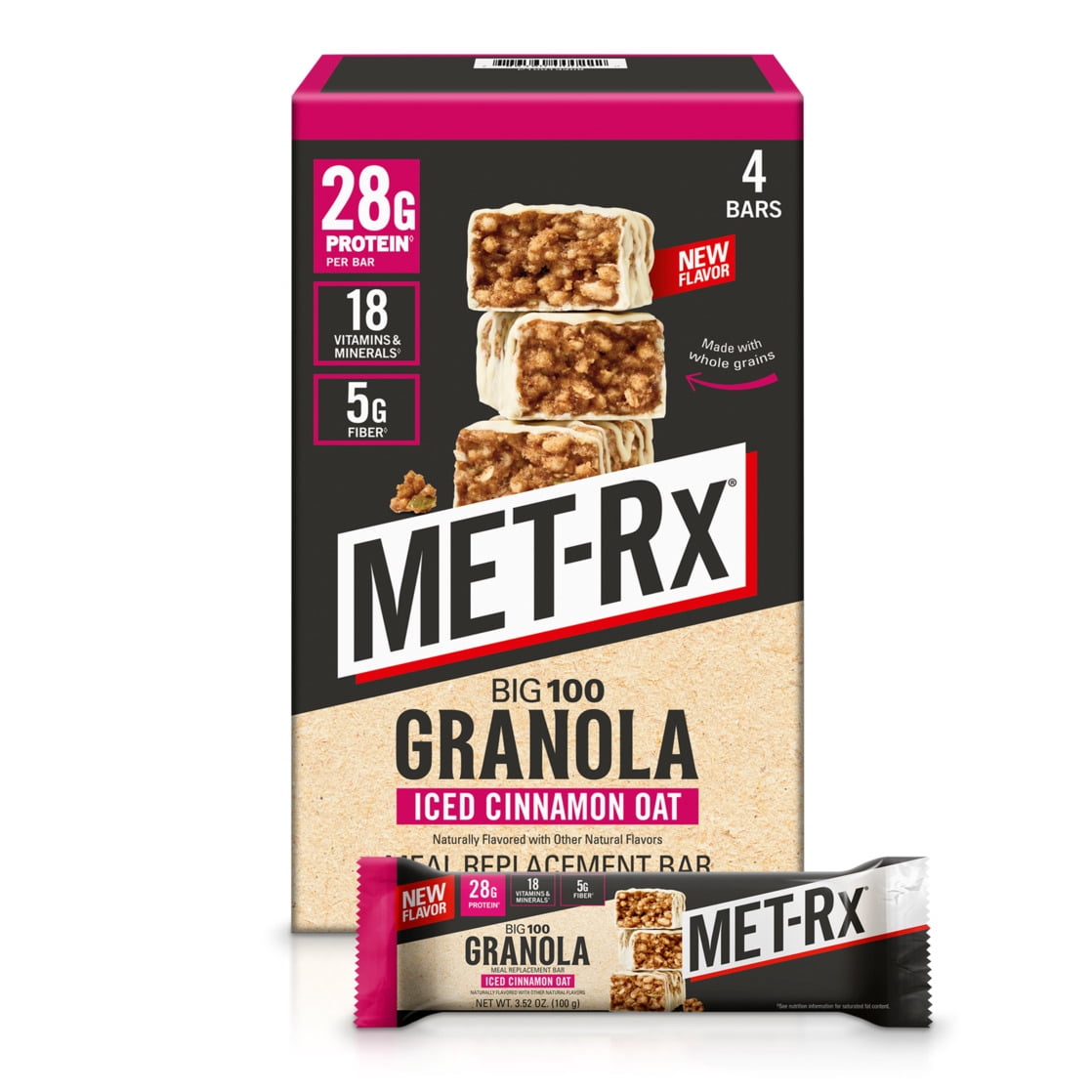 MET-Rx Big 100 High Protein Meal Replacement Bars, Iced Cinnamon Oat Granola, 28g Protein, 3.52 oz, 4 Count