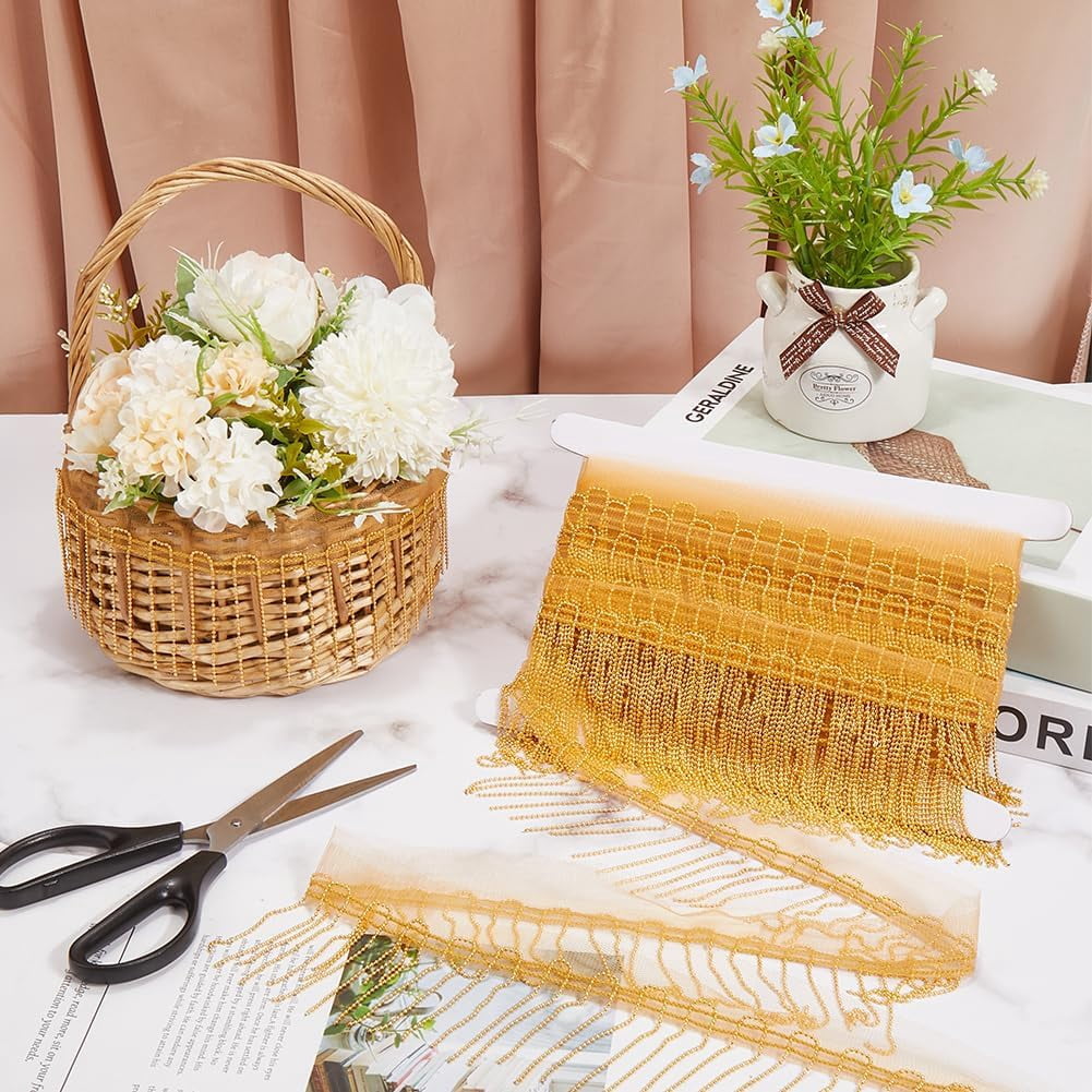 2.8 Inch 10 Yards Gold Chainette Fringe Ribbon Metal Bead Tassel Chain Net Lace Golden Iron Beaded Christmas Decorative Trim DIY