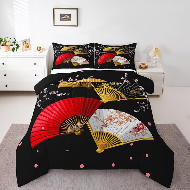 Erosebridal Oriental Exotic Fans Bedding Twin Comforter Set, Japanese Style Down Comforter, Reversible 2 Pieces