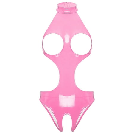 YONGHS Women s Wet Look Cutout Bodysuit Lingerie Teddies PU Leather Open Breast Bodysuit Nightwear Pink 4XL