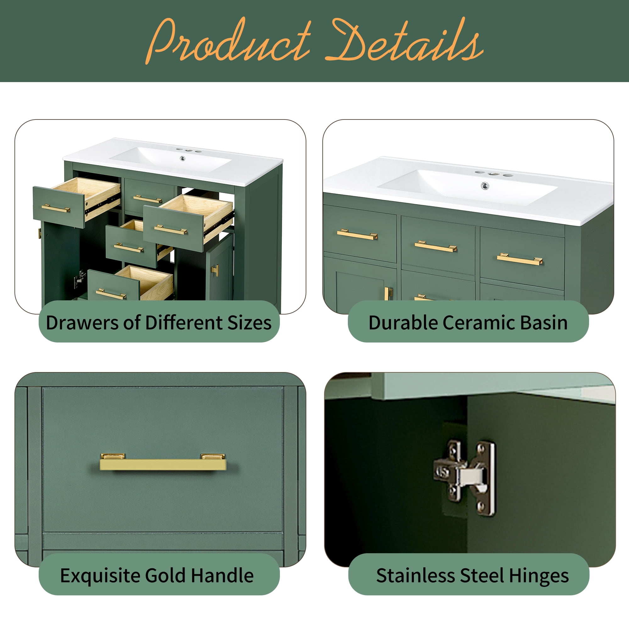 Harper & Bright Designs 36" Bathroom Vanity Sink Combo, Bathroom Storage Cabinet with Drawers, Single Sink Bathroom Vanity with Solid Wood Frame, Green