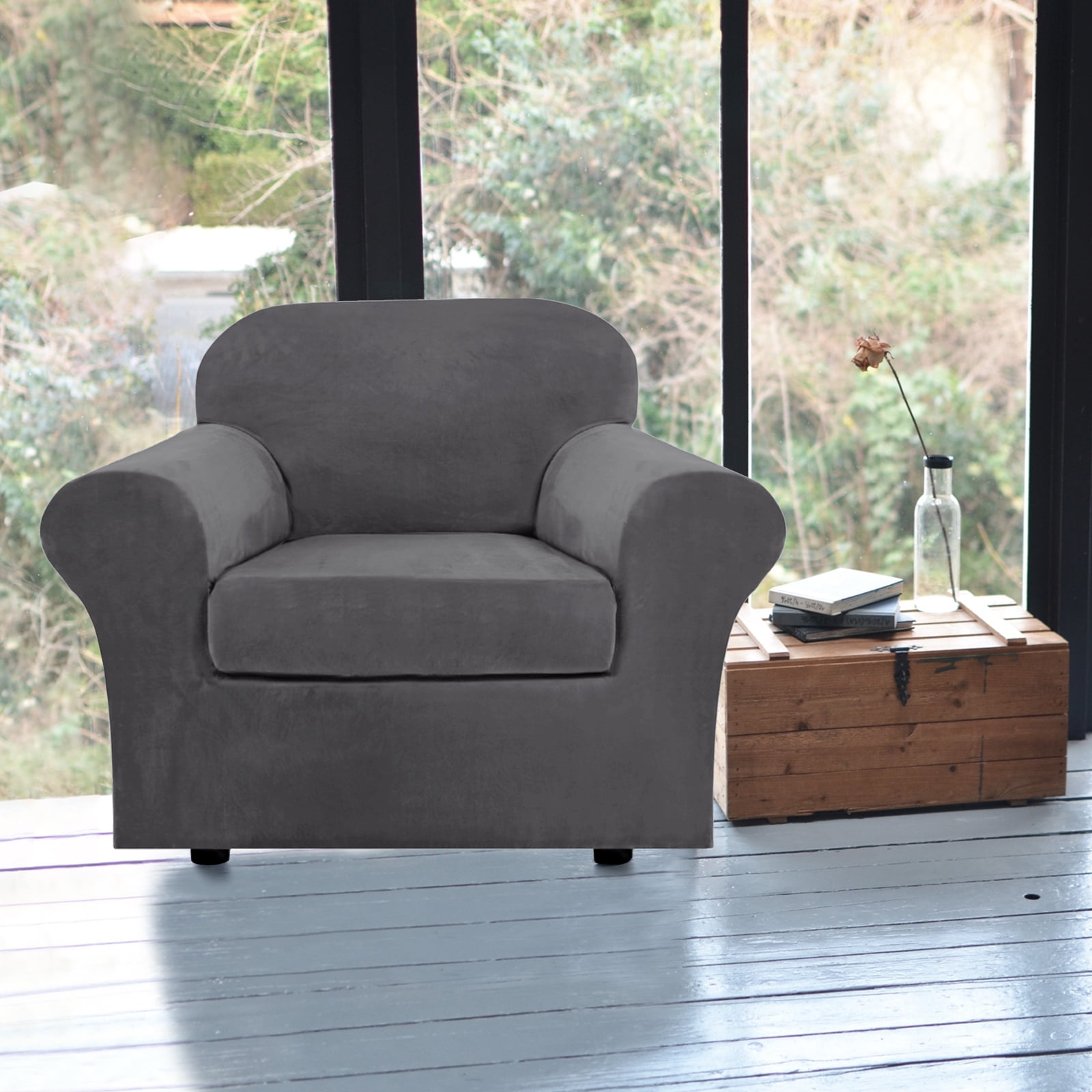 SHANNA Sofa Covers Stretch Velvet Couch Covers with Seperate Seat Cushion Covers, Armchair /Loveseat / Sofa Slipcovers (Gray, Armchair Cover)