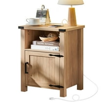 LELELINKY Nightstand with Charging Station, Modern Bedside Table with Drawer and Open Storage Shelf for Bedroom, Natural Oak