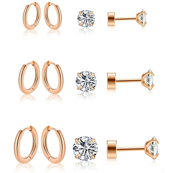 Knubmt 6 Pairs 316L Steel Small Hoop Earrings 14K Gold Plated Lightweight Flat Back Stud Earrings for Women Men, Rose Gold