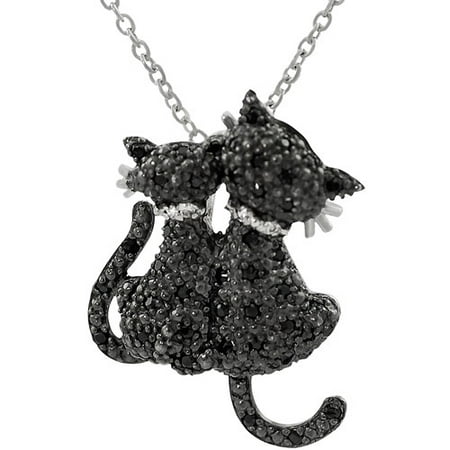 Alexandria Black and White CZ Sterling Silver Two Black Cats Pendant, 16