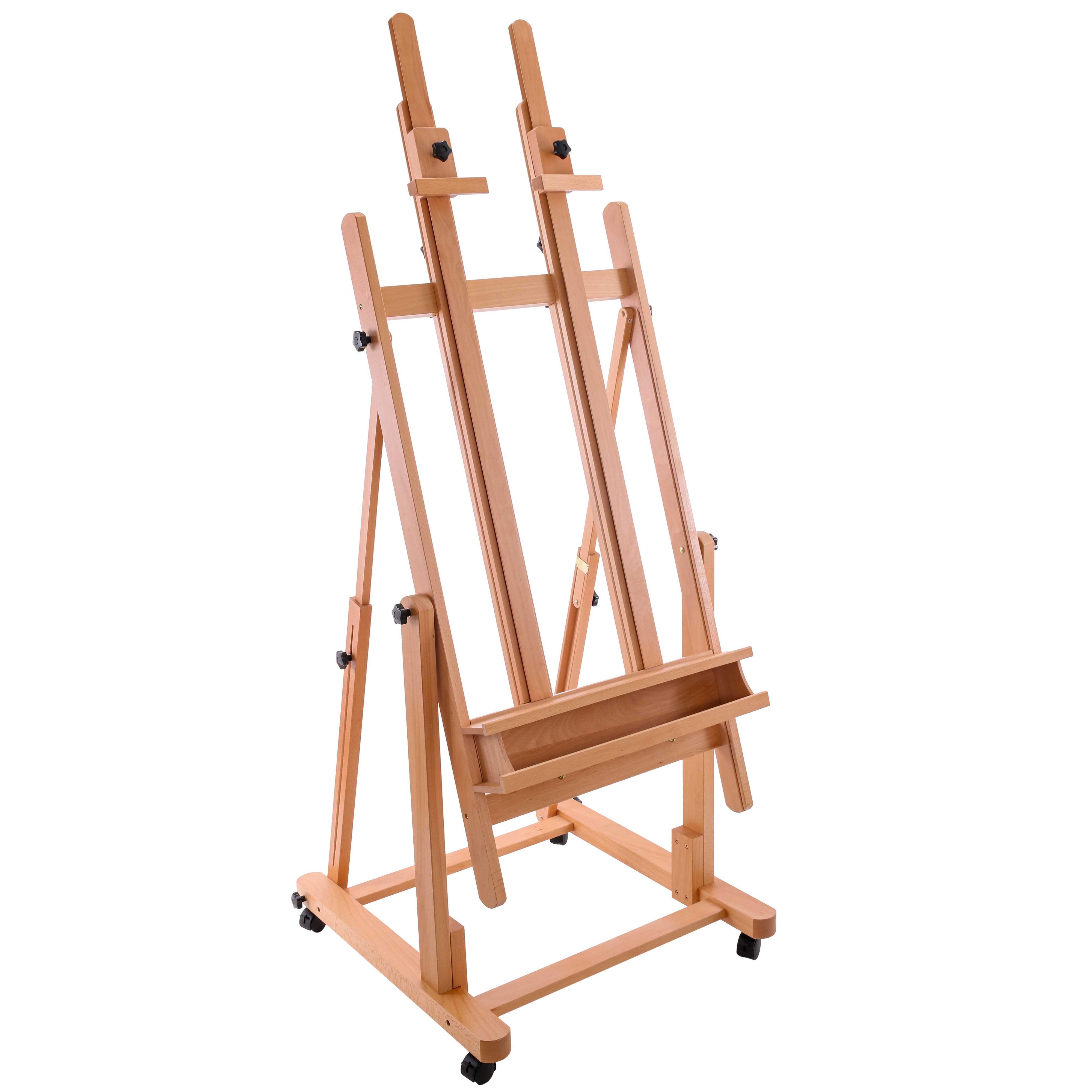 U.S. Art Supply Extra Large Double Mast Wooden H-Frame Studio Floor Easel with Adjustable Artist Storage Tray, Beechwood