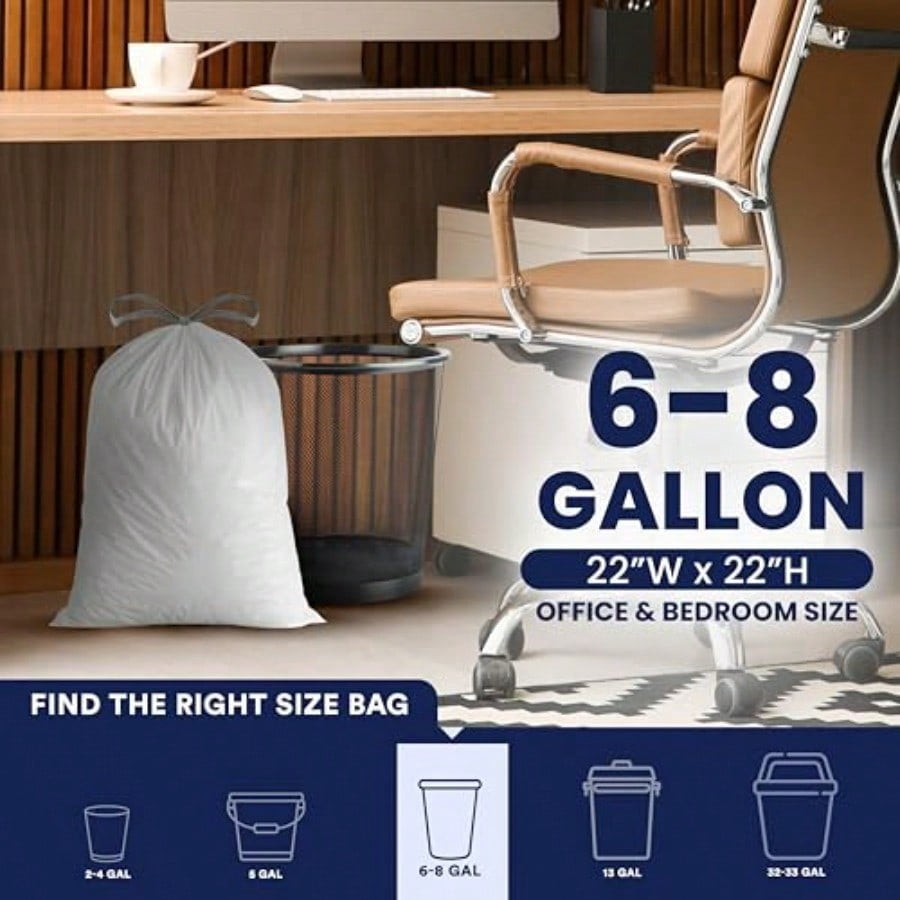 8 Gallon Trash Bags: Premium White Drawstring Garbage Bag, 0.7 Mil Thickness, Durable Trash Can Liners, Garbage Bags for your Trash Can, Ring Size 22" x 22" (Pack of 100)