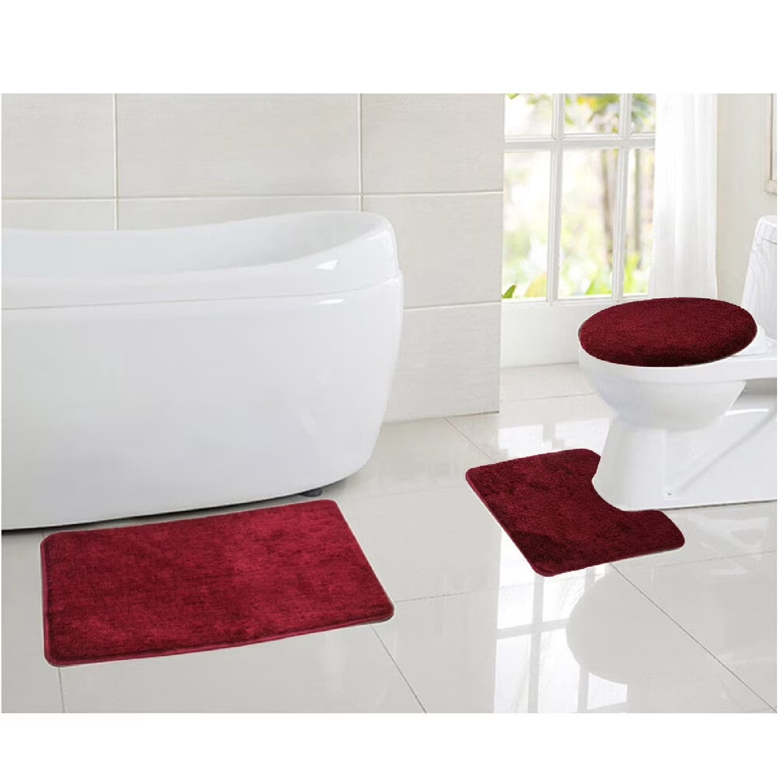 Eurhowing Bath Rug Set 3-Piece, Microfiber Non-Slip Absorbent Bathroom Mat Set, Ultra Soft Bath Mat with U-Shaped Contour Rug & Toilet Lid, Wine