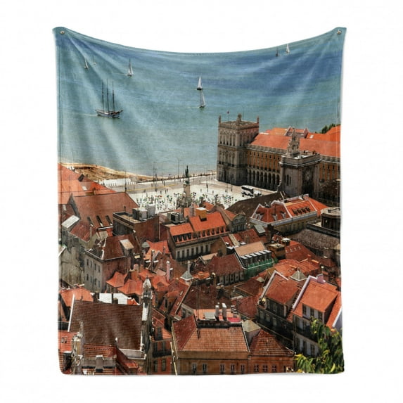 European Soft Flannel Fleece Throw Blanket, View of Central Lisbon Portugal with Rooftops and Sea Old Town Nostalgic City, Cozy Plush for Indoor and Outdoor Use, 50" x 70", Multicolor, by Ambesonne