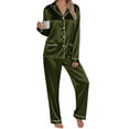 thumbnail image 7 of HNMKIU Christmas Family Pajamas Matching Sets Long Sleeve Silk Like Satin Sleepwear Pure Color Two Piece Set for Mom Army Green，Mom_S, 7 of 7
