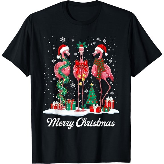 Merry Christmas Flamingo Santa Hat Christmas Light Snow Xmas Adult T-Shirt