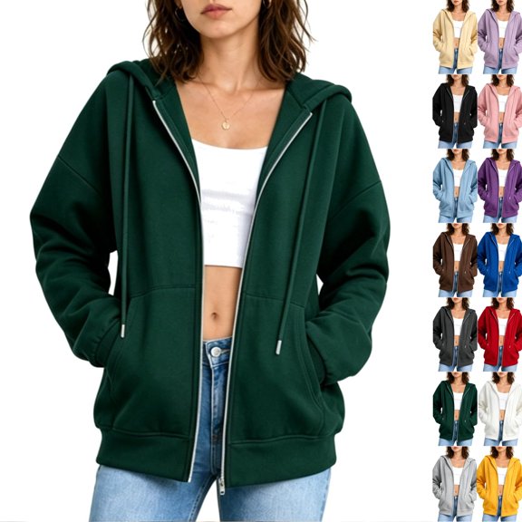 Womens Zip Up Hoodies Long Sleeve Fall Oversized Sweatshirts with Pockets 2026 Fall Fashion Jacket Green M