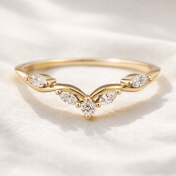 Jewelerix Chevron Moissanite Diamond Band Ring in Yellow Gold Vermeil, V Shape Marquise & Round Engagement-Wedding Stackable Ring