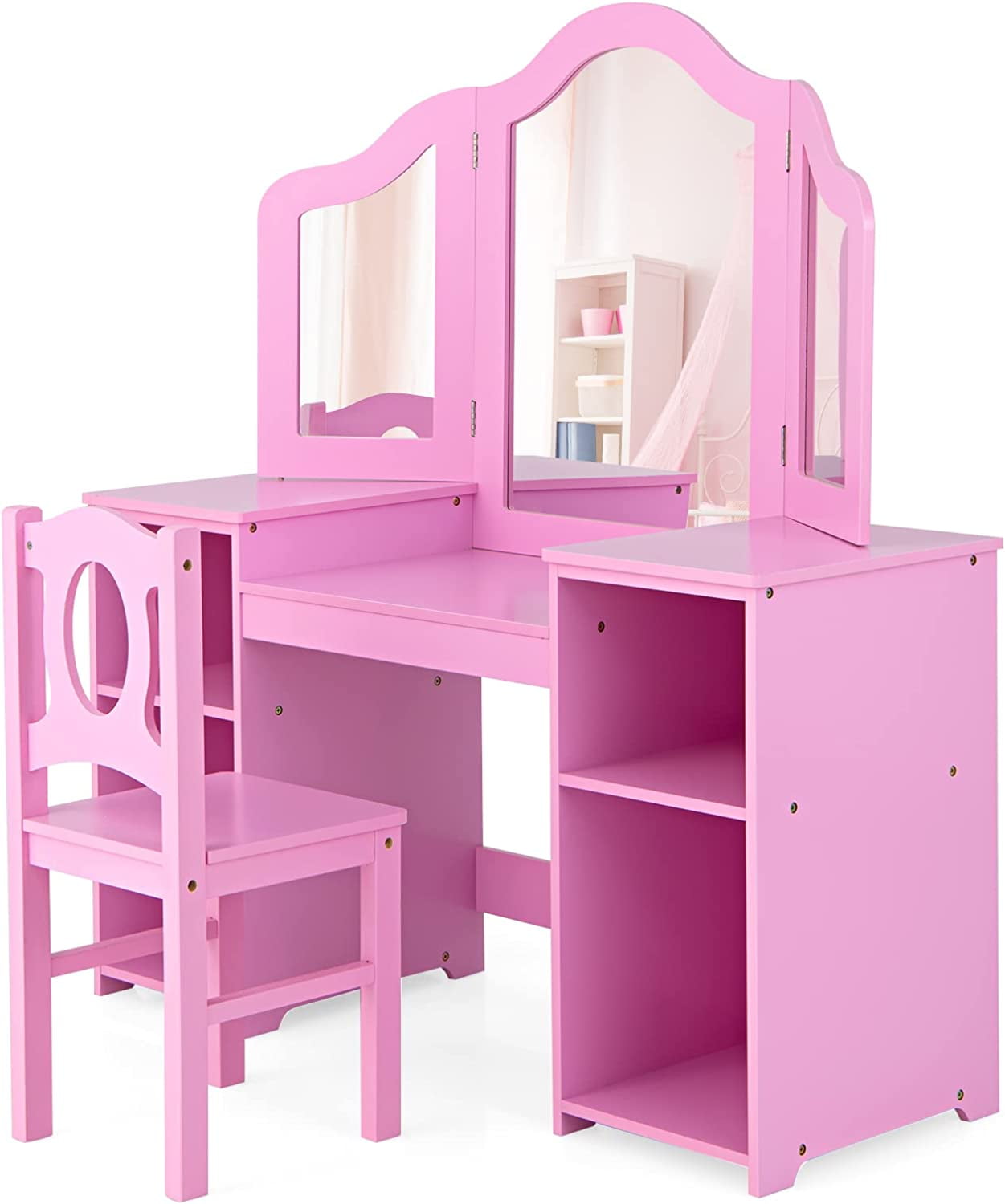 OLAKIDS Kids Vanity, 2 in 1 Princess Makeup Desk & Chair Set with Tri-Folding Detachable Mirror, Large Storage Shelves, Wooden Dressing Table, Pretend Play Vanity Set for Girls