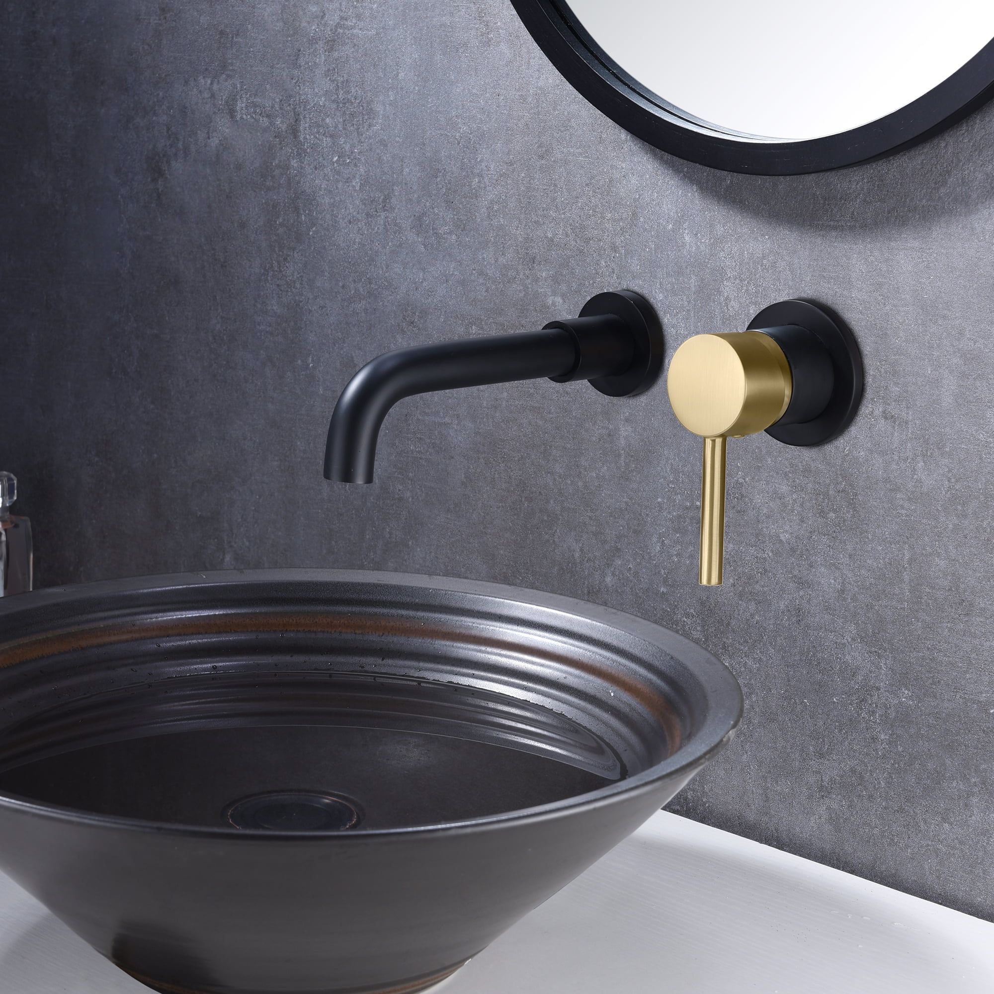 SUMERAIN Wall Mount Bathroom Faucet Black and Gold Wall Mount Faucet for Bathroom Sink, with Two Handles and Rough in Valve