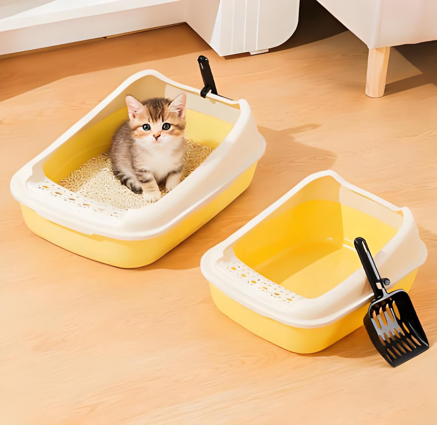 COMIART PP Material Semi - Enclosed Large Cat Litter Box Anti - Splash Cat Toilet Pet Supplies (Cream + Cream Yellow,Large Cat Litter Box)