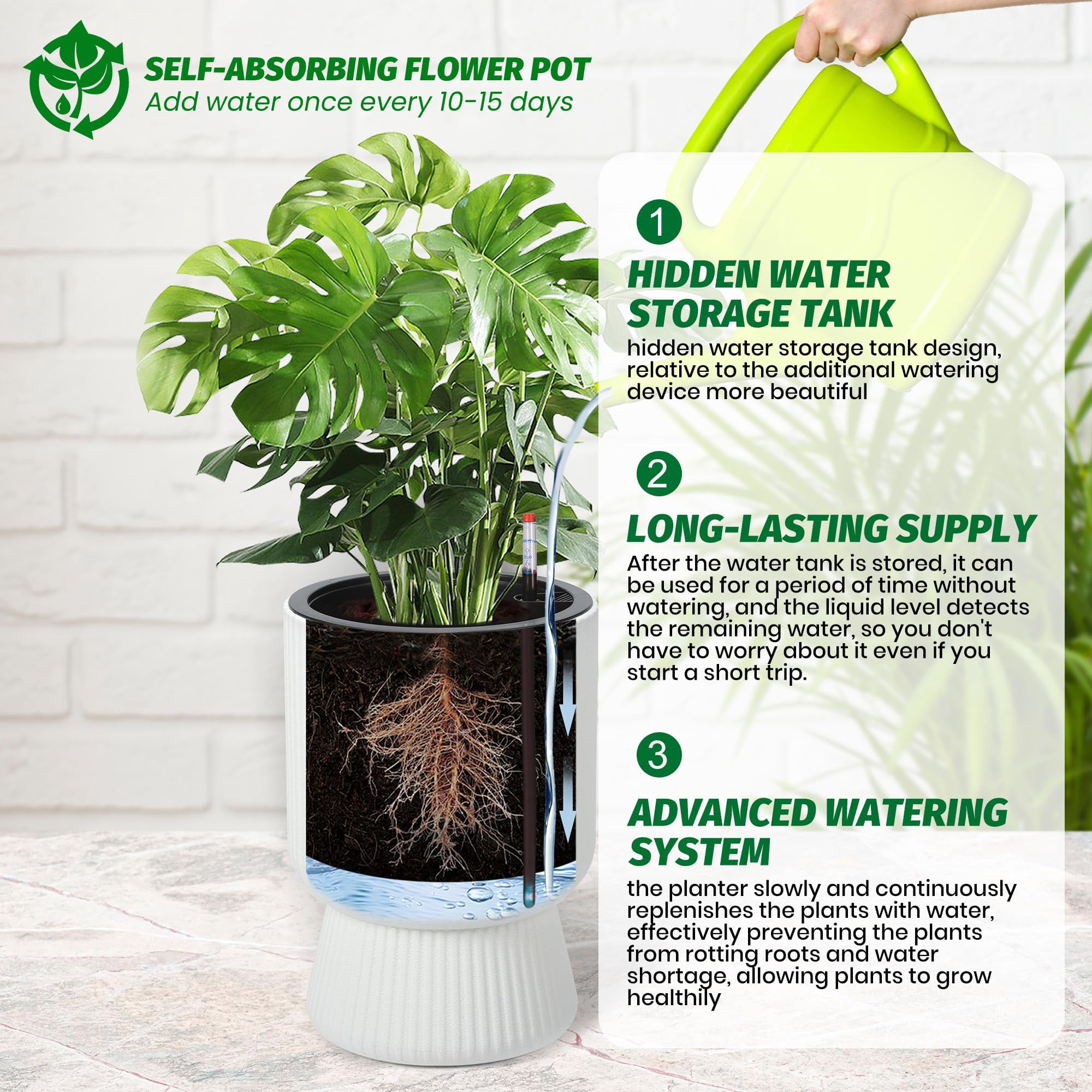 Kojooin 14.2" Planters Set of 2 – Self Watering Flower Pots with Drainage Holes & Water Level Monitor for Patio, Home, Office, Porch, Living Room