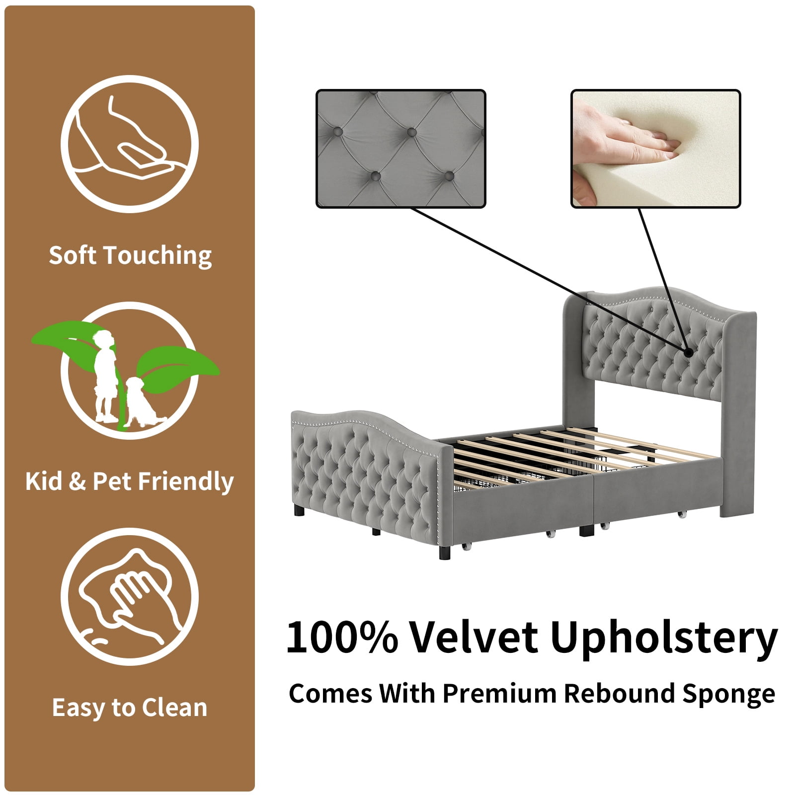 Bonzy Home Platform Bed Frame Full Size Velvet Upholstered Sleigh Bed with Scroll Wingback Headboard & Footboard/Button Tufted with Storage Easy Assembly Gray