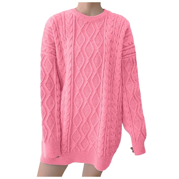 PMVFHDE Women's 2025 Loose Lazy Knit Sweater Top Casual Round Neck Long Sleeve Solid Pullover Plus Size Mid Long Thickened Daily Versatile Coat sweaters for women Pink,A