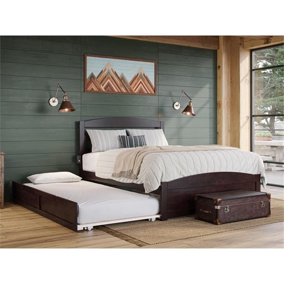 Lit Plateforme Grand Warren en Bois Massif avec Pied de Lit, Tiroir-Lit Simple TG, Couleur Espresso