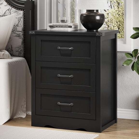 Nightstand with 3 Drawers, 24" Wide Farmhouse Bedside End Table, Rustic Wood Side Table Night Stand with Mental Handle, Tall Modern Small Dresser Chest of Drawers for Bedroom, Living Room, Dorm