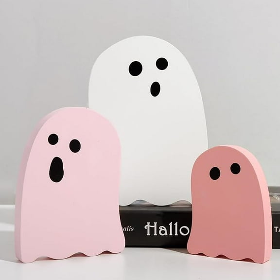 Halloween Table Decorations Indoor: 3ct Halloween Cute Ghost Decorations, Pink White Ghosts Wood Plank Signs, Pastel Halloween Tiered Tray Decor Wooden Ghost for Home Office Party Kid Gifts