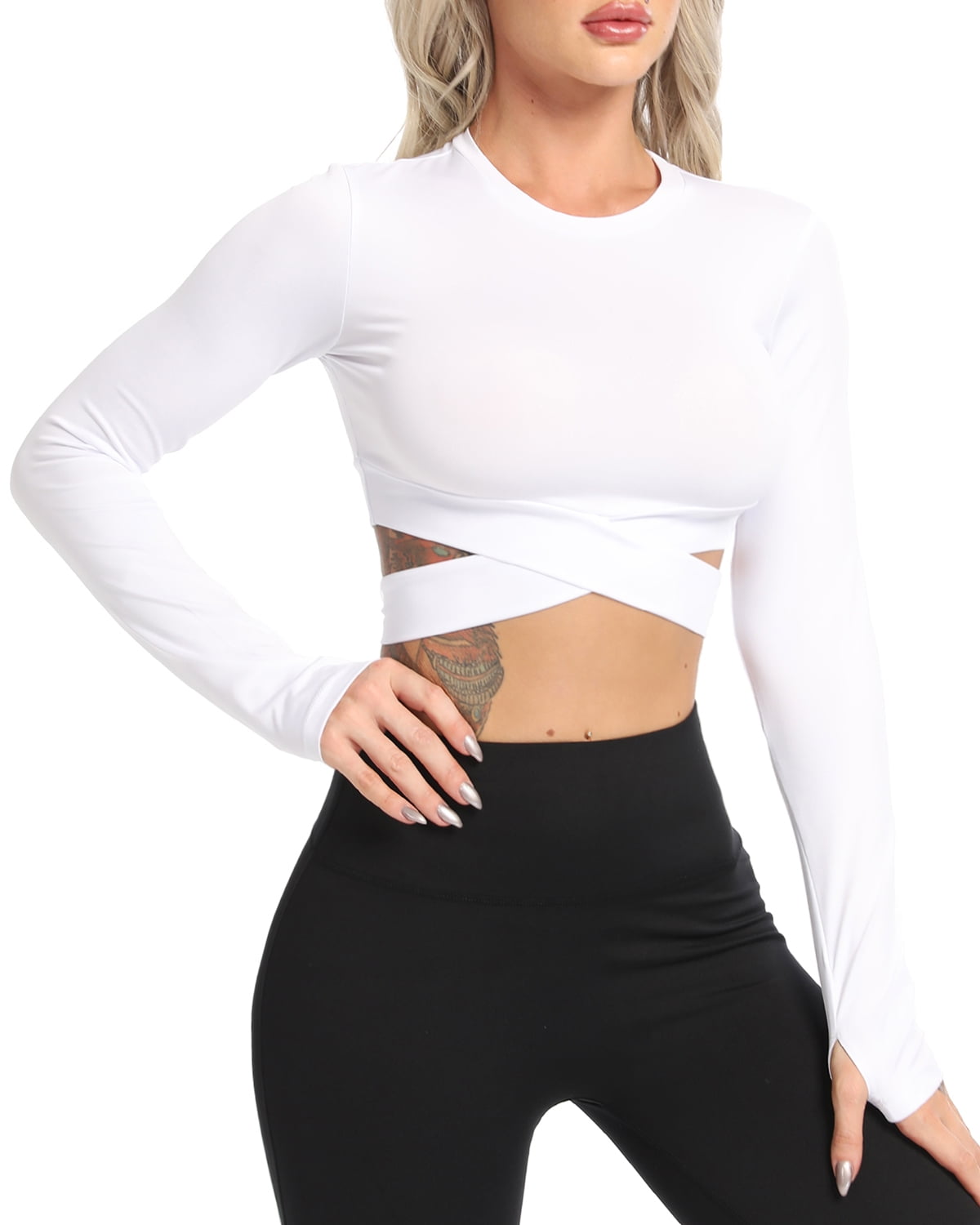 SotRong Womens Seamless Yoga Gym Crop Top Long Sleeve Compression Fitness Workout Running T Shirts with Thumb Hole