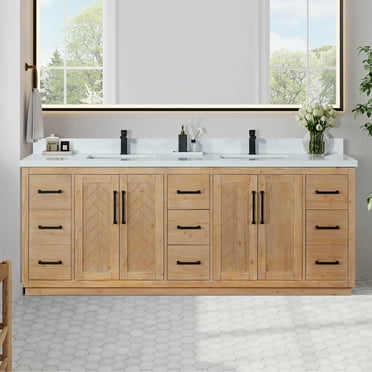 Anais 84" Wood Vanity in Light Brown with White Composite Stone Top no Mirror