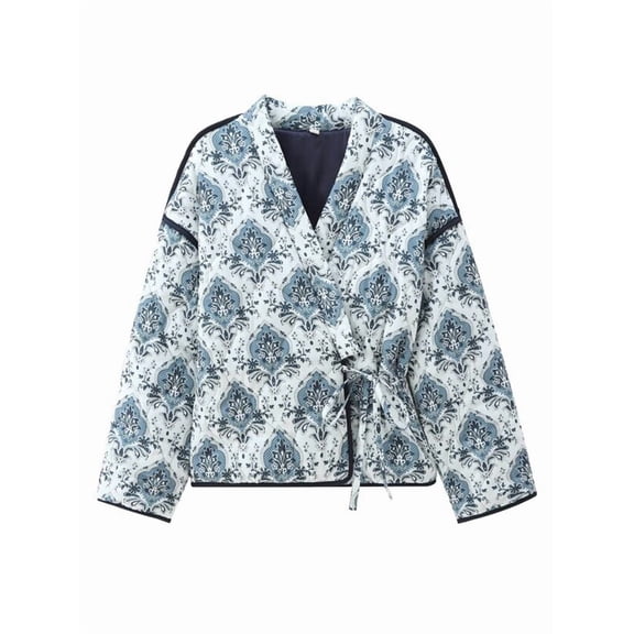 Women'S Quilted Jacket Cardigan Light-Weight Floral Print Open Front Padded Puffer Jackets Blue S