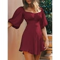 thumbnail image 4 of Womens Summer Dresses Square Neck Tie Back Lantern Sleeve Ruffle A-Line Casual Dress Wine Red L, 4 of 7