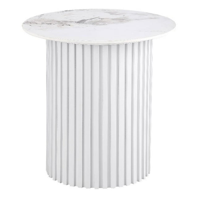 Table d'Appoint Ronde Rowena en Pierre Frittée, Faux Marbre Blanc