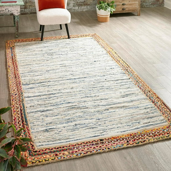 Unique Loom Chindi Jute Collection Area Rug - Striped (9' x 12' 2" Rectangle Ivory/Blue)