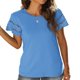 thumbnail image 2 of Camiseta informal de manga corta con cuello redondo y encaje para mujer, Tops de verano de Color puro para ir de compras y citas, 2 of 6