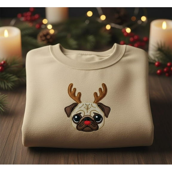 Custom Pug Reindeer Christmas Sweatshirt, Cute Dog Embroidery Crewneck, Holiday Pet Lover Gift, Cozy Winter Sweater