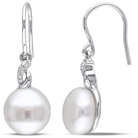 Miabella 10.5-11mm White Button Cultured Freshwater Pearl and Diamond Accent Sterling Silver Dangle Earrings