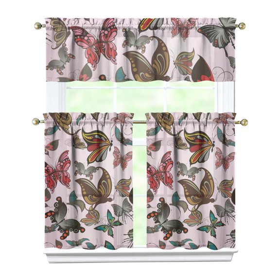Kitchen Curtains 36 Inch Short - 3 Panel Set with Colorful Butterfly Floral Pattern, Rod Pocket Window Curtain, 100% Polyester for Butterfly Lovers, Farmhouse, Kitchen, Bedroom, Easy Wash