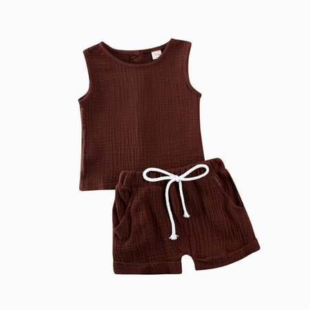 

Kids Girls Boys Cotton Linen Outfits Sleeveless Button Strap Vest Tops Short Pants Tracksuits Summer Children Sunsuit 2PCS