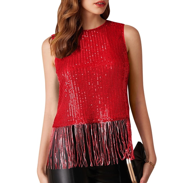 Weiqiqre Vêtements pour Femmes Débardeur Sans Manches Col Rond à Franges Paillettes Crop Top de Fête