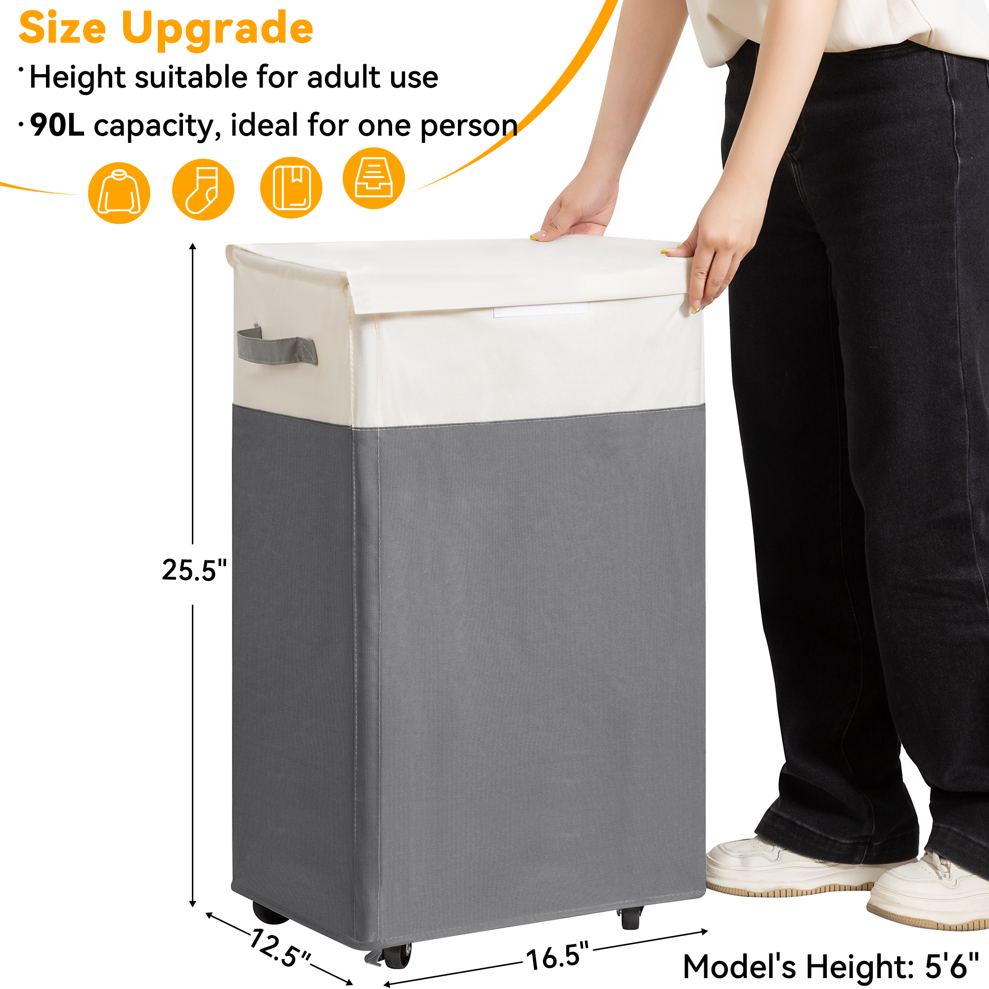 BGTREND 90L Rolling Laundry Hamper with Lid, Gray & Beige photo 3