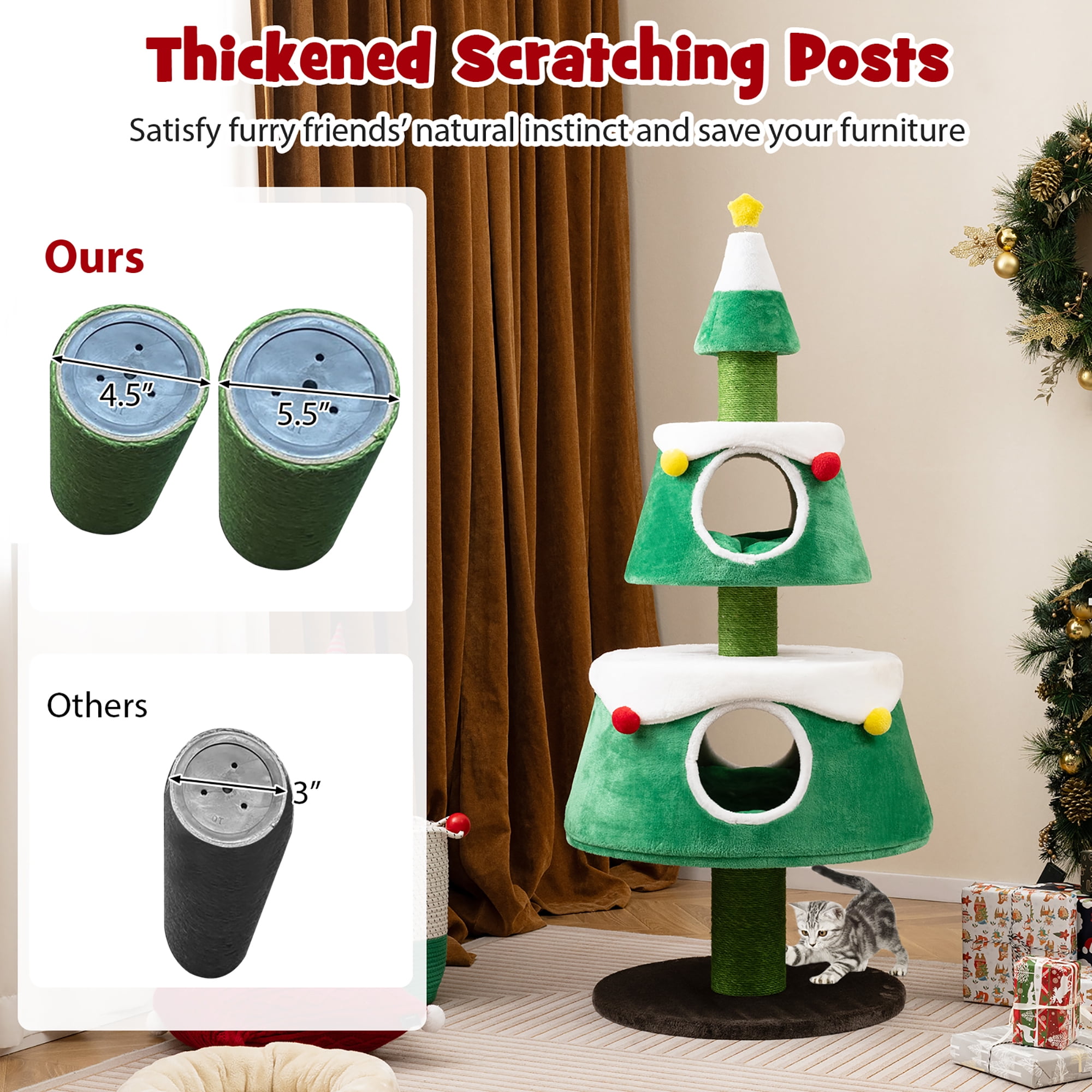 Gymax Christmas Cat Tree for Indoor Cats w/ 2 Condos Sisal Scratching Posts Spring Toy