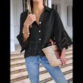 thumbnail image 4 of Blusa Informal con Mangas Acampanadas 3/4 para Mujer, con Botones y Dobladillo con Volantes, con Ojales Negro S, 4 of 8