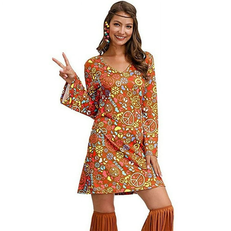 Gzwyht Dresses for Women 2024 Midi Dresses 70s 60s Hippie Skirt Headband Set 70s Costume Halloween Women Disco Costume Girl Floral Dress Boho Dresses