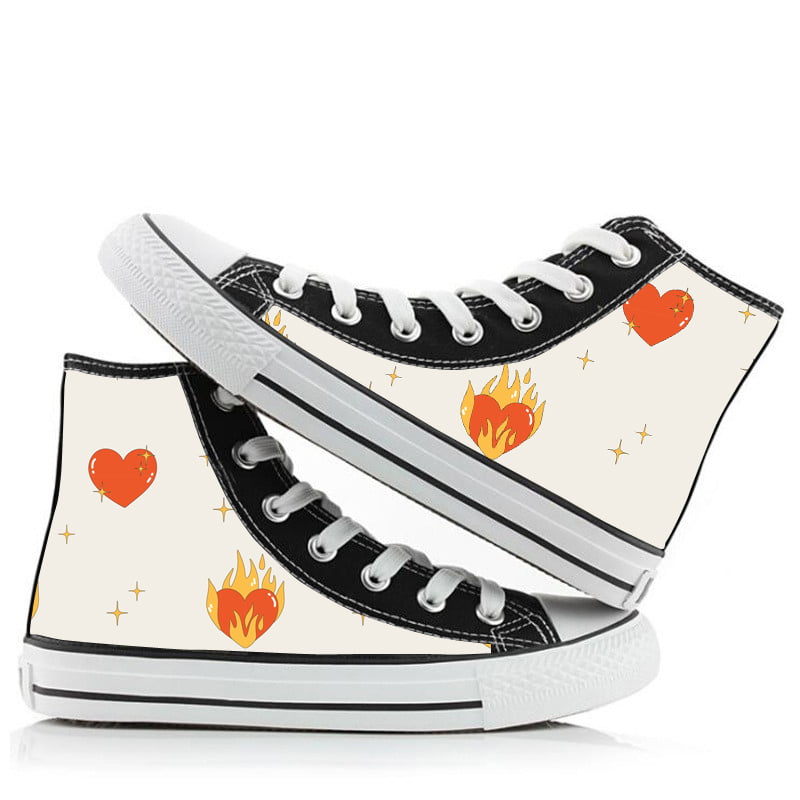 Versatile 70s High Top Sneakers with Love Letter Printed,White Black High  Top Sneakers Fashion Casual 