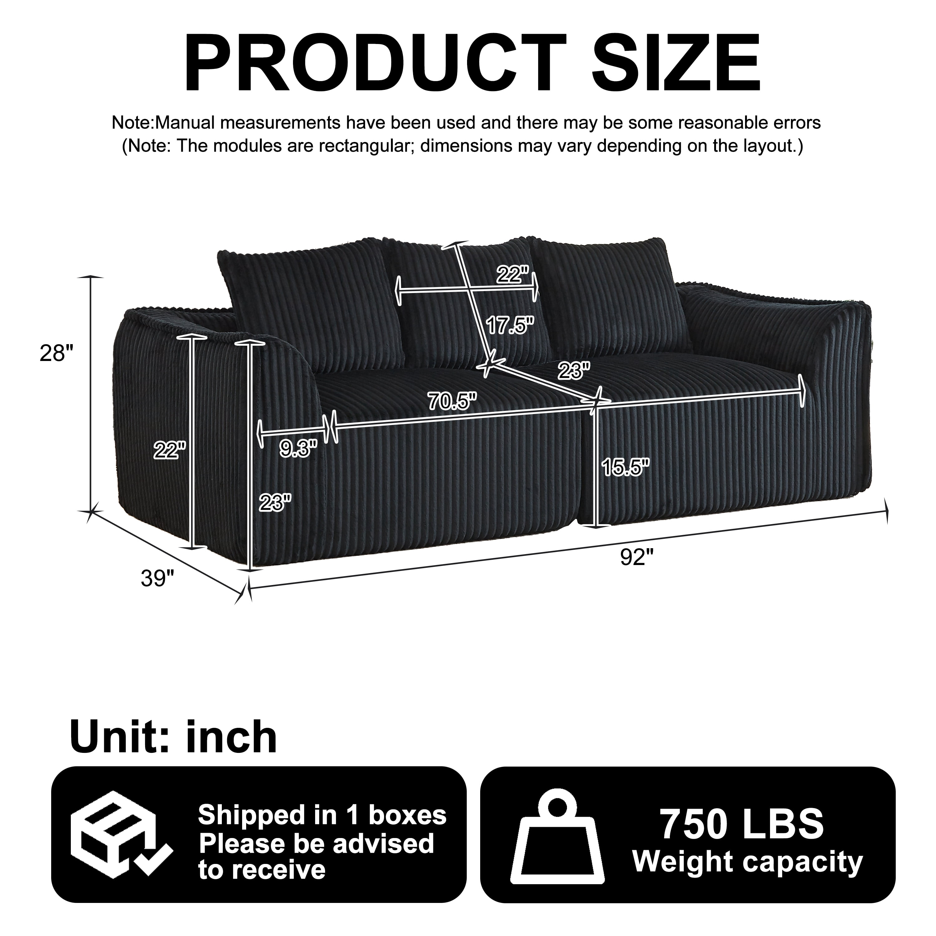 Leumius Corduroy Sofa for Living Room, Boneless Loveseat Couch with Gently Sloped Backrest and 2 Pillows,No Assembly,Black(3 Seat)
