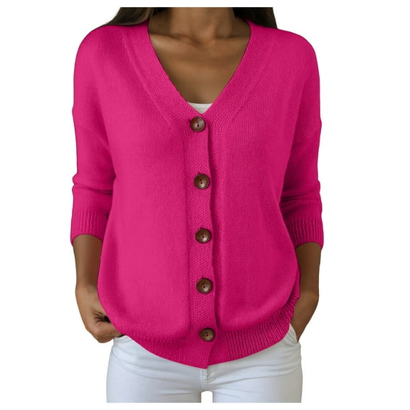 larppty Womens Cardigans Lightweight Long Sleeve Button up Sweaters Open Front Casual V Neck Knit Sweater Outerwear (Hot Pink, 4XL)