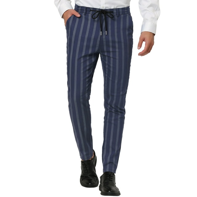 INSPIRE CHIC Men's Striped Slim Fit Contrast Color Drawstring Dress Pants 38 Navy
