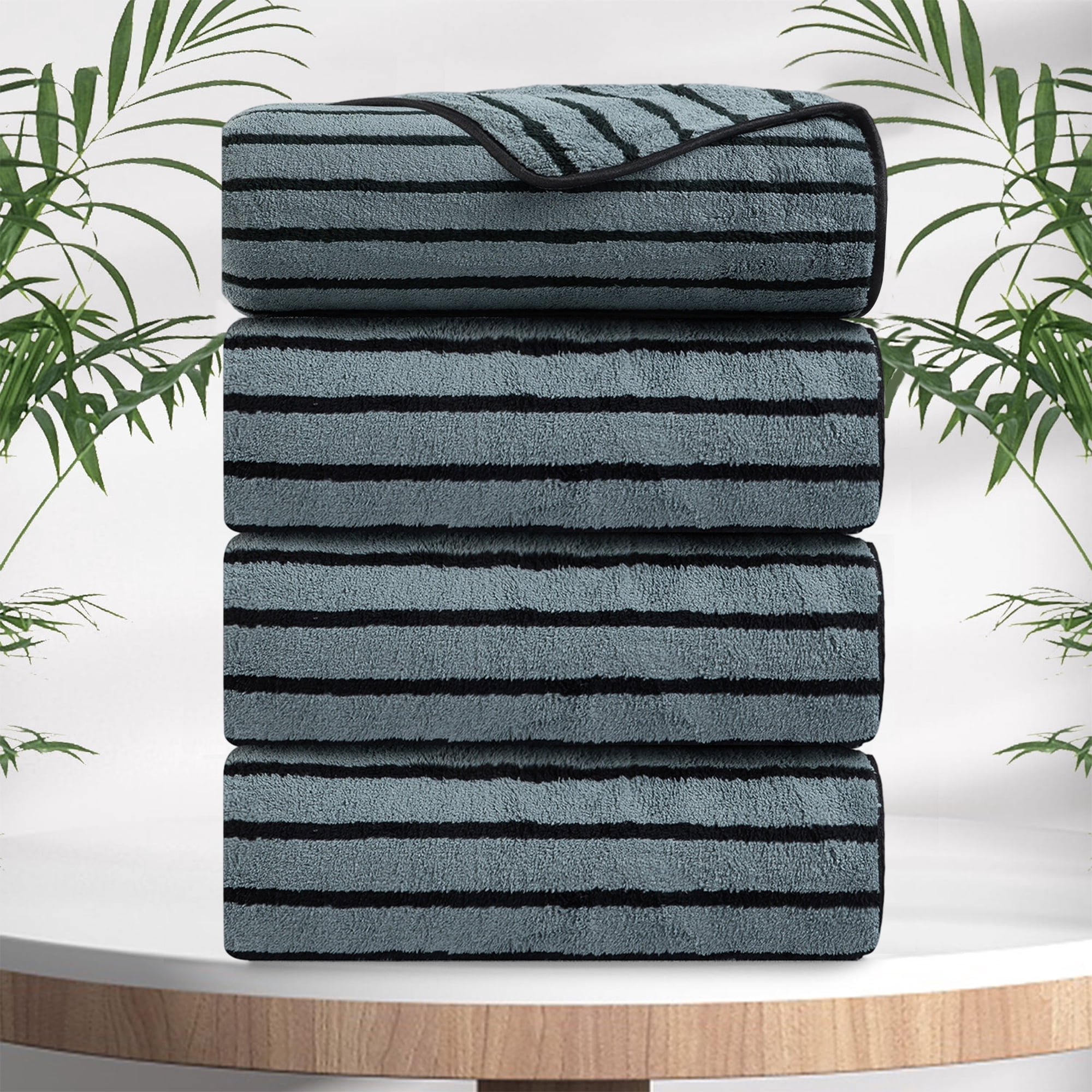 Jessy Home 4 Pack Black Bicolor bar Stripe Large Bath Towels Set Oversized Bath Sheet Soft Towel Set