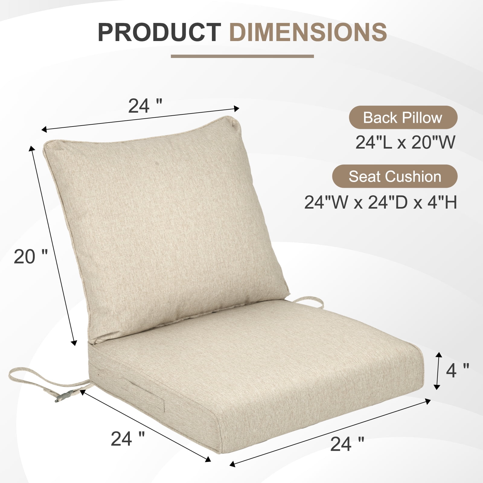 BPS 24x24 Inch Outdoor Deep Seat Patio Cushion Set, Water Repellant & Fade Resistant, Brown